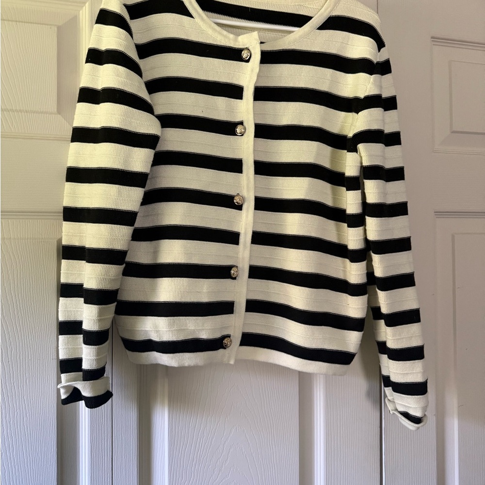 Classic Black and White Striped Women's Cardigan Sweater
